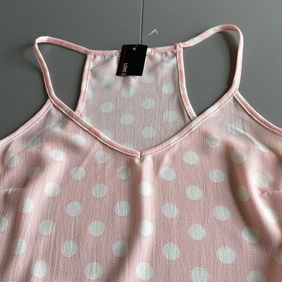 NWT Love Culture Spaghetti Strap Pink and White Polka Dot Peplum V-Neck Size M - Picture 3 of 11